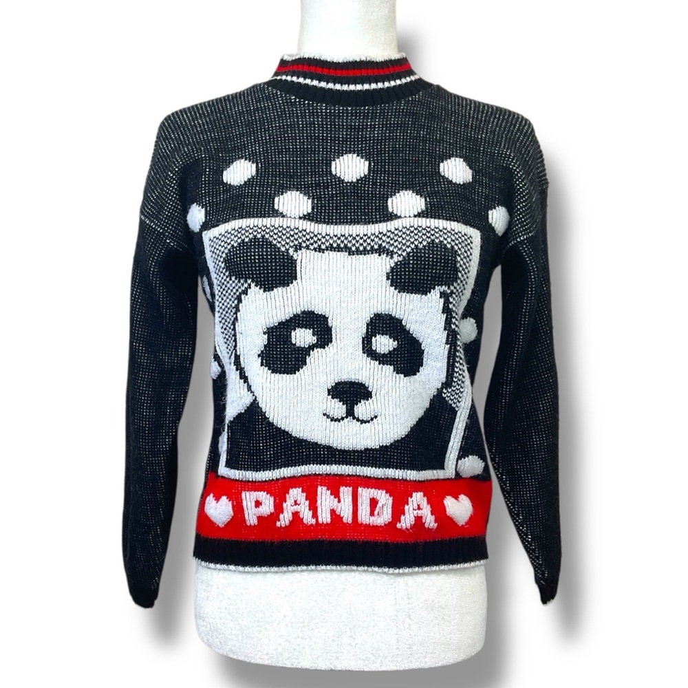 Vintage 80’s Graphic Panda Polka Dot & Hearts Mock Neck Acrylic Sweater